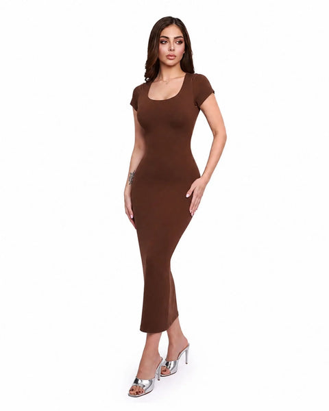 Everyday Elegance Dress on a model showcasing refined style and comfort in a brown color.