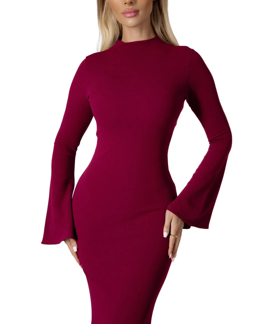 Serena Long Dress in a stylish burgundy color with long bell sleeves and a fitted silhouette.