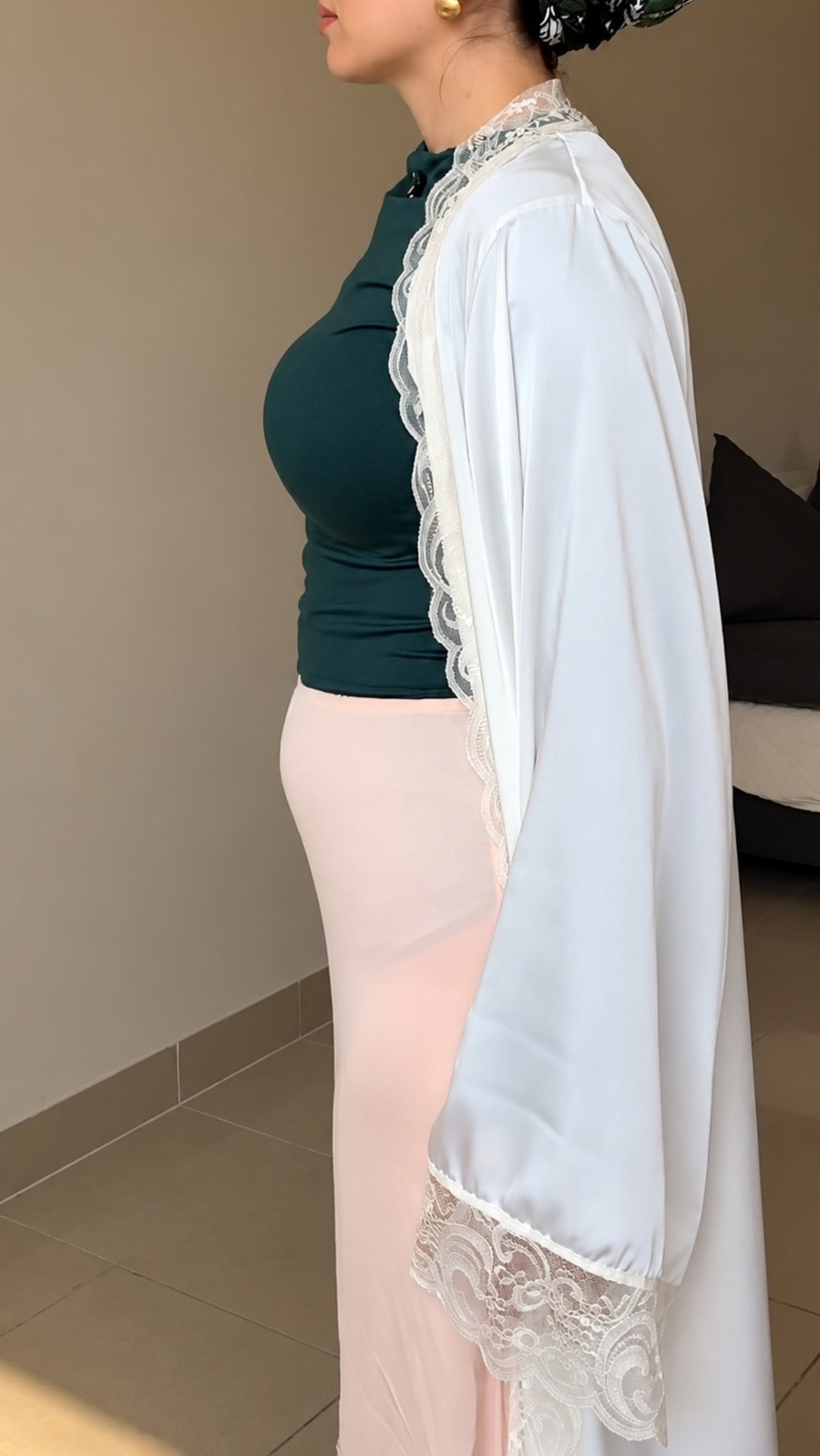 Same woman in an everyday outfit and in a Somarelle dress